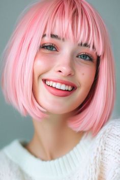 Pink Bob with Blunt Bangs Pink Hair Color Idea. Haircut Ideas Brown Hair, Ideas Haircut, Hair Dye Ideas, Blonde With Pink, Extreme Hair, Fantasy Hair