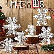 snowflakes are arranged on wooden boards in front of a christmas sign and decorations