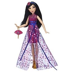 a barbie doll wearing a purple dress and holding a red purse with hearts on it