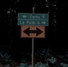 a street sign pointing to forks 9 and la push 6 in front of some trees