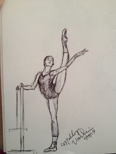 a pencil drawing of a ballerina holding a pole and standing on one leg with her arm extended