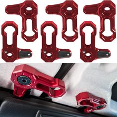 six red metal handlebars on the dashboard of a car, and one is shown with