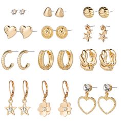 PRICES MAY VARY. ❤A VARIETY OF GOLD EARRING SET❤：You will get 12 pairs of earrings packs that have a variety of the shapes and sizes, like basic stone stud, geometric stud earrings, small&medium hoop huggie earrings, heart dangle earrings, providing you with many different choices to choose from, and go with your outfits for any occasion. ❤Comfortable Material❤: These stylish statement earrings are made of environmentally alloy materials with high-quality polished and shiny plating, all our meta Earrings Packs, Pretty Piercings, Trendy Stud Earrings, Geometric Studs, Earrings Heart, Earring Collection, Heart Flower, Heart Dangle Earrings, Hoop Earring Sets