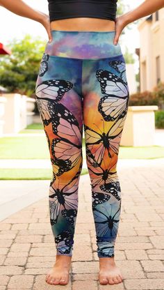 Buttery Soft Athleisure leggings with hand drawn artwork. Printed and sewn in USA. Rainbow Color Background, Pilates Workouts, Coloured Background, Athleisure Leggings, Eagle Rock, Monarch Butterflies, Space Cat, Mat Exercises, Pocket Leggings