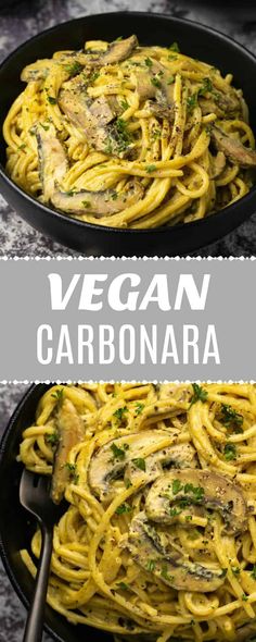 two images showing the process of making vegan carbonara