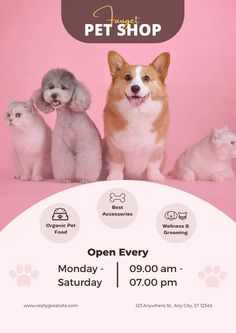 an advertisement for pet shop with three dogs and two cats on it's pink background