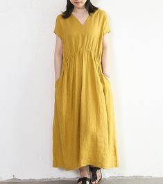 "★ Material: cotton and Linen ★ Model Size: -- Model wear size M -- Model is 170 cm / 5'8\" -- Model measurements (bust 31\" / waist 26\" / hips 36\" ) ★ In order to make it more suitable for you. please tell me your body measurements : -- your Height -- your Weight -- your Bust  -- Phone number for shipping Size S (US 4-6 | UK/AU 8-10 ) Bust: 94 cm / 37 inch  Shoulder: 38 cm / 15 inch Length: 120 cm / 47 inch Size M (US 8-10 / UK/AU 12-14) Bust: 100 cm / 39.4 inch Shoulder: 40 cm / 15.7 inch Le V-neck Maxi Dress With Pockets For Daywear, Relaxed Fit V-neck Linen Dress With Pockets, Yellow Relaxed Fit V-neck Dress, Yellow V-neck Relaxed Fit Dress, Casual Cotton V-neck Midi Dress, Casual Cotton V-neck Dress, Casual Yellow V-neck Dress, Bohemian V-neck Linen Dress For Daywear, Yellow Cotton Maxi Dress With V-neck