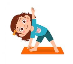 a woman is doing yoga on an orange mat with her hand up in the air