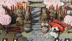 an animated scene with statues and flowers in the foreground, two cats sitting on a bench