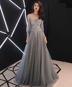 Gray Evening Dress, Lace Long Prom Dress, Grey Evening Dresses, Evening Dress Long, Blue Evening Dresses, Blue Tulle, Custom Size Dresses, فستان سهرة, Aline Dress