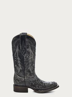 A2402 - BOTA DE COWBOY DE PRETA BORDADA FEMININA INLAY DEDO QUADRADO – Corral Boot Company LLC Fitted Black Western Boots, Fitted Black Rugged Boots, Western Black Moto Boots With Square Toe, Black Western Moto Boots With Square Toe, Western Style Black Moto Boots With Square Toe, Square Toe Cowboy Boots, Country Line Dancing, Corral Boots, Western Look