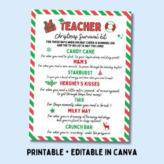 a printable christmas menu for teachers with candy canes and santa's sleigh