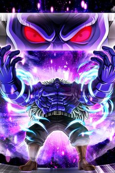 an anime character with red eyes and purple hair standing in front of a space background