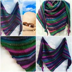 four pictures of different colored shawls with sunglasses on top and one in the middle