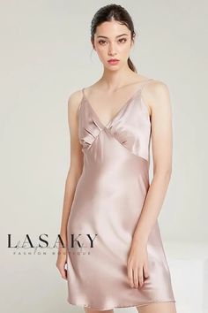 Lasaky - Refined Mulberry Silk V-Neck Nightdress with Suspenders - Elegant Sleepwear Loungewear for Women Silk Sleep Dress, Dress Sleepwear, Silk Chemise, Silk Nightgown, Silk Sleepwear, Lace Silk, Rosy Pink, Lace Splicing, Silk Camisole