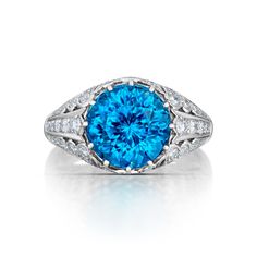 Blue Zircon and Diamond Ring Blue Cubic Zirconia Diamond Ring With Prong Setting, Blue Zircon And Diamond Ring, Luxury Blue Cubic Zirconia Ring, Blue Zircon Necklace, Antique Style Rings, Tanzanite Pendant, Zircon Jewelry, Zircon Ring, Antique Clocks