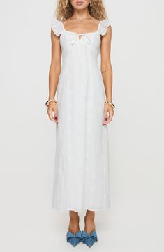 Eyelet embroidery distinguishes a crisp white maxi dress with soft ruffles that detail the shoulders and back. 60" length (size 4) Front keyhole with tie closure Sleeveless Lined 95% recycled polyester, 5% elastane Machine wash, tumble dry Imported White Summer Maxi Dress For Formal Occasions, White Maxi Dress With Tie Straps For Brunch, White Maxi Dress For Summer Formal Events, White Formal Maxi Dress For Summer, Formal Summer Maxi Dress With Floral Embroidery, White Tie Back Maxi Dress For Daywear, White Maxi Dress With Tie Straps For Daywear, Elegant Floral Embroidered Maxi Dress For Vacation, Elegant Beach Maxi Dress With Floral Embroidery