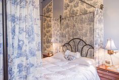 Beautiful Blue And White Toile Bedroom Makeover Blue Toile Bedroom, Toile Bedroom, Painting The Ceiling, Iron Canopy Bed, Black Walls Bedroom, Blue And White Toile, Dramatic Bedroom, Wrought Iron Beds, Wrought Iron Bed