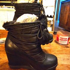 Black Faux Fur Lined Duck Wedge Boots. Never Worn, But Do Not Have The Box. Size 7.5 Winter Synthetic Wedge Boots With Round Toe, Winter Synthetic Wedge Heel Boots, Synthetic Winter Wedge Heel Boots, Synthetic Wedge Heel Boots For Winter, Black Wedge Heel Boots For Winter, Black Faux Fur, Shoe Dazzle, Wedge Boots, Snow Boots