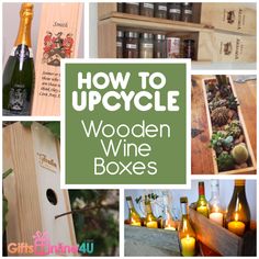 wooden wine boxes with candles and bottles in the bottom right hand corner are pictures of wood crates, which have been used as storage for upcycled