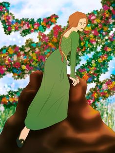 a woman in a green dress sitting on top of a rock next to a tree