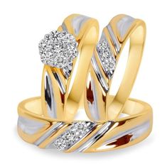 two gold wedding rings with diamonds on them