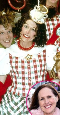 two women and a baby are posing for a photo with coffee cups on their heads