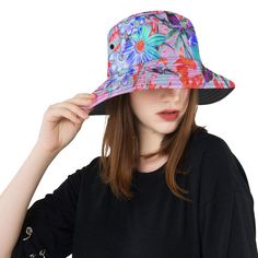 Bucket Hats, Retro Psychedelic Aqua and Orange Flowers Floral Bucket Hat, Hat Print, Blue Back, Cute Elephant, Cute Penguins, Butterfly Pattern, Mermaid Tail, Cotton Twill Fabric, Flower Pattern