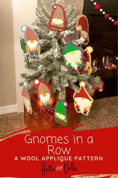 gnomes in a row ornament on top of a christmas tree with text overlay