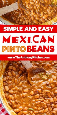 a large pot filled with pinto beans on top of a red and white checkered table cloth