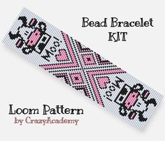 the bead bracelet kit is designed to look like a cross stitch pattern with pink and black