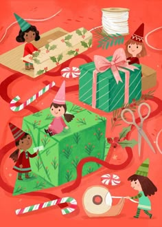 an illustrated christmas card with children and presents on the ground, surrounded by candy canes