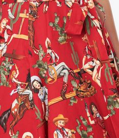 This sassy swing dress is crafted in a red cotton fabric complete with a western style motif including cactus, horses, and pin-up style cowgirls throughout. The shirt dress style bodice features a button front that leads to a classic collar, all framed by short sleeves. Crinoline added for volume, sold separately.Available in sizes S-4X while supplies last. Horse Print Dress, Cowgirl Print, Shirt Dress Style, Horse Print, Pin Up Style, Kentucky Derby, Western Style, Up Styles, Swing Dress