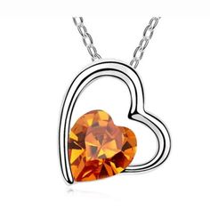 Beautiful Heart In Heart Necklace. Color Amber/Orange Heart Crystal Necklace, Orange Heart, 1 Dollar, Amber Crystal, Silver Jewelry Fashion, Beautiful Heart, Chain Pendant, Heart Pendant Necklace, Chain Pendants