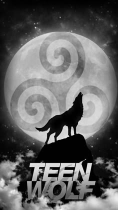 a wolf standing on top of a hill under a full moon with the words teen wolf above it