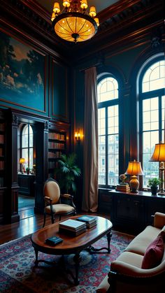 a living room filled with lots of furniture next to two large windows and a painting on the wall