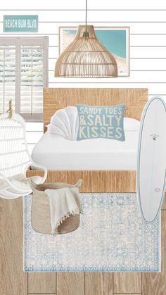 a beach themed bedroom is shown in blue and white colors, including a surfboard