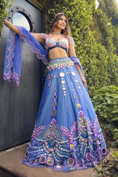 Papa Don'T Preach By Shubhika | Blue Shaded Tulle Lehenga Set | INDIASPOPUP.COM Tulle Lehenga, Mehendi Outfits, Indian Outfits Lehenga, Wedding Lehenga Designs, Lehenga Designs Simple, Indian Bride Outfits, Blue Lehenga, Red Lehenga, Indian Dresses Traditional