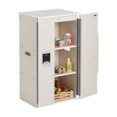 an open cabinet with food and drinks in it