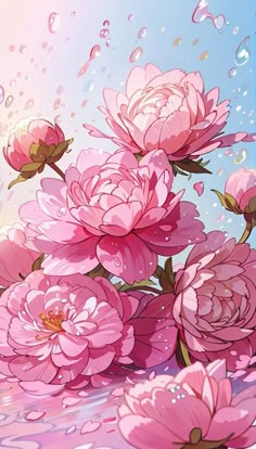 pink flowers are floating in the water on a blue and white background with bubbles around them