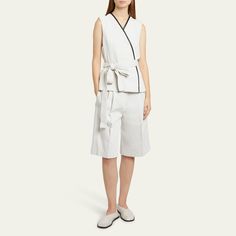 Proenza Schouler "Jenny" cotton linen suiting shorts with pintuck front High waist Side slip pockets; back flap pocket Straight legs Knee length Tab/zip fly; belt loops Cotton/linen Dry clean Made in Poland Evening Flats, Cocktail Jacket, Pin Tucks, Lingerie Sleepwear, Proenza Schouler, Designer Collection, Sweater Skirt, Handbags On Sale, Flap Pocket