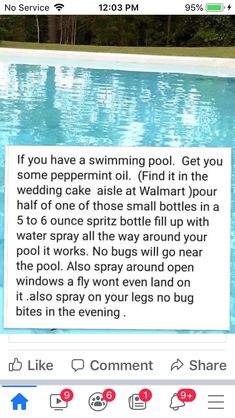 an image of a pool with the caption'if you have a swimming pool, get you some peppermin oil find it in the wedding cake at walmart