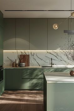 a modern kitchen with green cabinets and marble counter tops, along with wooden flooring