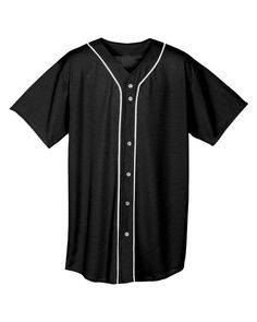 a black baseball jersey with white piping on the chest and collar, short sleeves