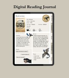 Digital reading journal Digital Reading Journal Template, Fourth Wing Aesthetic, Digital Journal Aesthetic, Wing Aesthetic, Reading Journal Template, Reading Journal Printable, Digital Reading Journal, Digital Planner Template, Book Review Journal