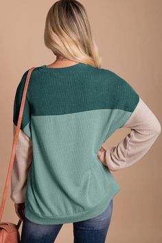 This casual color block top is chic and stands out from the crowd with its bold and eye-catching combination of colors. The ribbed texture is comfortable, long sleeves provide added coverage and perfect choice for cooler days. A must-add item this season. Sizes: Small 0-4 (Length approx. 25") Medium 6-8 (Length approx. 25.5") Large 10-12 (Length approx. 26") X Large 14-16 (Length approx. 26") Product Fit & Details Model Info: Model is 5'6'' wearing size Small. Fit of Product: Comfortable. Materi Corduroy Top, Colorblock Sweater, Loose Top, Saint John, Loose Pullover, Fall Sweater, Block Style, White Accents, Khaki Color