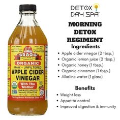 a bottle of apple cider vinegar sitting on top of a white background with information about its benefits