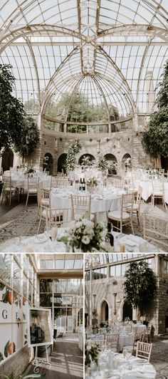 the inside of a building with tables and chairs set up for a formal function in it