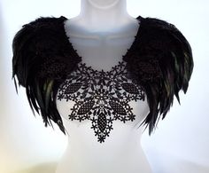 Black feather epaulettes. Black feather collar cape. Black Burlesque Stage, Iridescent Feathers, Dark Beauty Fashion, Feather Collar, Black Swan Costume, Pagan Goddess, Black Iridescent, Burning Man Outfits, Beautiful Fabrics