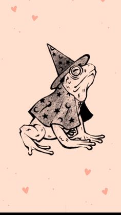 a drawing of a frog wearing a witches hat and sitting on the ground with hearts in the background